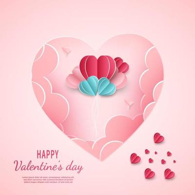 Valentine's day background. Hearts pink and blue paper cut card on blue background. Decor plane with space for text.