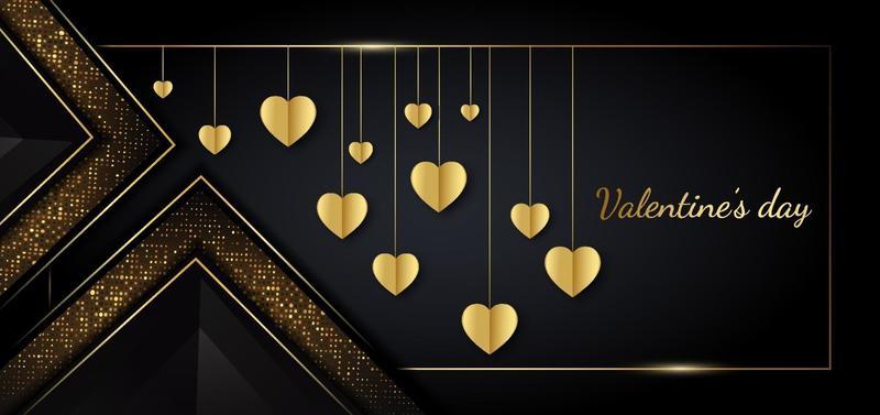 Valentine's day background. Heart golden  in frame on black background. Luxury style.