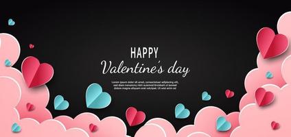Valentine's day background. Hearts pink and blue paper cut card on black background. Decor clouds space for text. vector