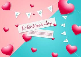 Valentine's day background. Hearts red card on pink and blue background with space for text. vector