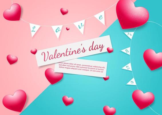 Valentine's day background. Hearts red card on pink and blue background with space for text.