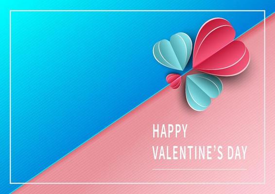 Valentine's day background. Hearts pink and blue paper cut card on pink and blue background with space for text.