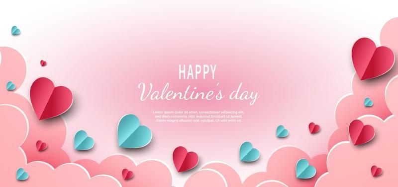 Valentine's day background. Hearts pink and blue paper cut card on light pink background. Decor clouds space for text.