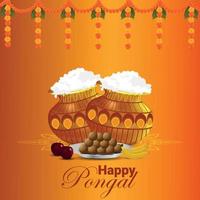 Happy pongal greeting card with mud pot of rice and background vector