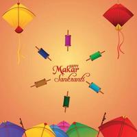 Happy makar sankranti banner or header with laddoo and beautiful kites vector