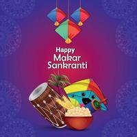 feliz makar sankranti banner o encabezado con laddoo y hermosas cometas vector