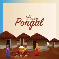 Feliz tarjeta de felicitación pongal con olla de barro de arroz y fondo vector