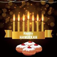 banner de feliz hanukkah con conjunto de elementos creativos y pan dulce vector