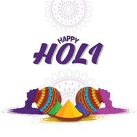 Holi background concept with color gun, mud pot with color and color bowl vector