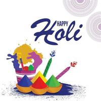 Happy holi background with colorful mud pot vector