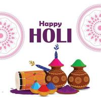 Happy holi creative font style with color mud pot and drum vector