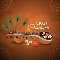 vasant panchami fondo creativo con saraswati veena y libros vector