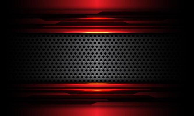 Abstract grey circle mesh metal banner overlap on red metallic black cyber circuit design modern futuristic technology background texture vector illustration.