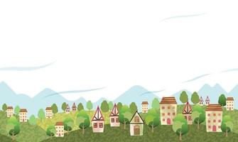 Seamless Hilly Landscape With A Peaceful Village And Text Space.  Horizontally Repeatable. vector