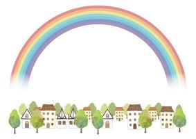 Idyllic Watercolor Townscape With A Rainbow Isolated On A White Background. Vector Illustration With Text Space.