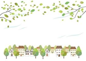 Idyllic Watercolor Townscape With Young Leaves Isolated On A White Background. Vector Illustration With Text Space.