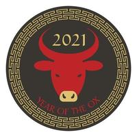 red black tan 2021 year of the ox chinese new year graphic with fretwork circle border vector