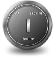 Iodine chemical element. Chemical symbol with atomic number and atomic mass. vector