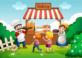 Front of bakery shop with baker in the park scene vector