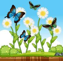 Many butterflies with many flowers in the garden scene vector