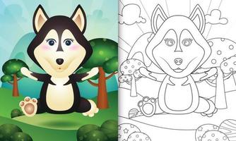 Plantilla de libro para colorear para niños con una linda ilustración de personaje de perro husky vector