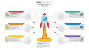 Infografía de inicio de 6 pasos con lanzamiento de cohete. concepto de negocios y finanzas. vector