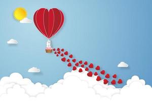 Arte en papel, corte y estilo artesanal digital del amante en globos aerostáticos sobre fondo de cielo azul y amanecer como concepto de amor, boda y día de San Valentín. ilustración vectorial vector