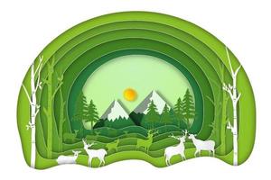 Paper art cut and craft style of Green forest and deer vector