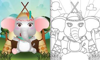 Coloring book template for kids with a cute tribal boho elephant character illustration vector