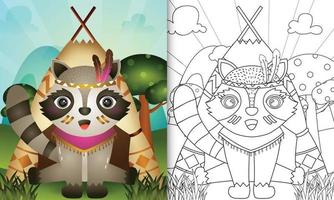 Plantilla de libro para colorear para niños con una linda ilustración de personaje de mapache boho tribal vector