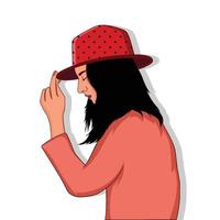 Hermosa chica con ilustración de moda de sombrero rojo aislado sobre fondo blanco. vector