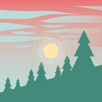 pink sky over pine trees and mountains background vector