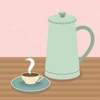 taza de café y olla en la mesa de diseño vectorial vector