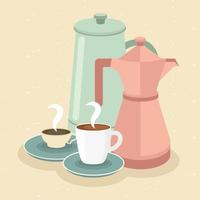 coffee cups and pots on yellow background vector design