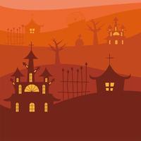 Halloween haunted houses on orange background vector design