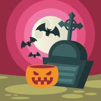 Halloween pumpkin and grave with bats vector design