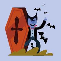 Halloween vampire cartoon inside a coffin with bats vector design