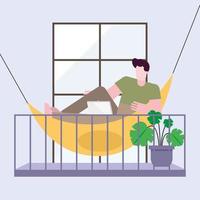 Man with laptop working on a hammock vector