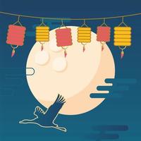 happy mid autumn harvest with moon, stork and lanterns vector design