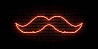 Retro mustache neon sign. Shiny ginger mustache on dark brick wall background. vector