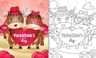 libro para colorear para niños con linda pareja de búfalos del día de san valentín ilustrada vector