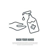 Wash your hands warning banner. Disinfection concept. Liquid soap with pumping from bottle. Applying a moisturizing sanitizer. vector