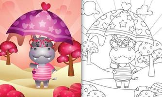 coloring book for kids with a cute hippo holding umbrella themed valentine day vector