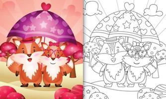 coloring book for kids with a cute fox couple holding umbrella themed valentine day vector