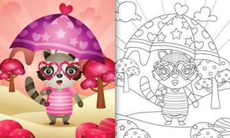 libro para colorear para niños con un lindo mapache sosteniendo un paraguas con el tema del día de san valentín vector