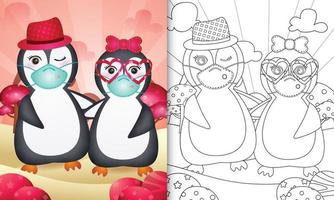 libro para colorear para niños con linda pareja de pingüinos del día de san valentín usando mascarilla protectora vector
