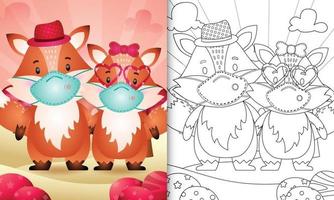 libro para colorear para niños con linda pareja de zorros del día de san valentín usando mascarilla protectora vector