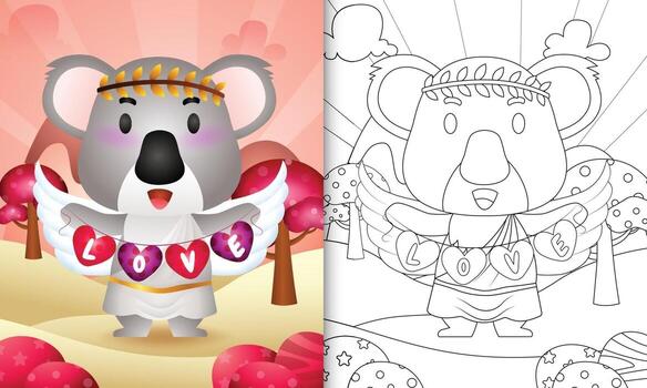 coloring book for kids with a cute koala angel using cupid costume holding heart shape flag vector