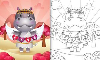 coloring book for kids with a cute hippo angel using cupid costume holding heart shape flag vector