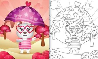 libro para colorear para niños con un lindo oso polar sosteniendo un paraguas temático día de san valentín vector